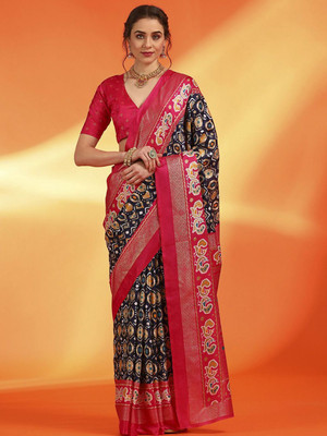 Anouk Rustic Printed Pochampally Silk Blend Saree(Dark Blue)