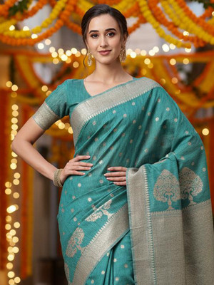Sareemall Woven Banarasi Silk Blend Saree(Light Blue)