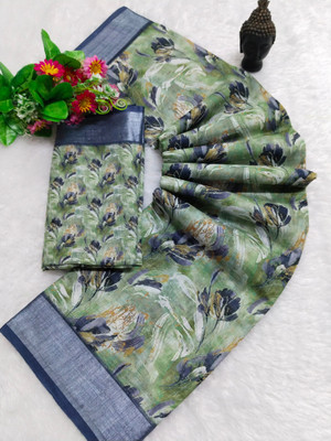 PRTRENDZ Printed Kanjivaram Linen, Cotton Linen Saree(Green, Blue)