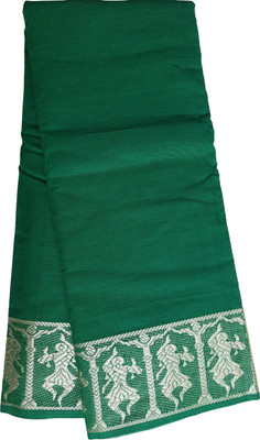 Elite trade Solid/Plain Handloom Cotton Blend Saree(Green)