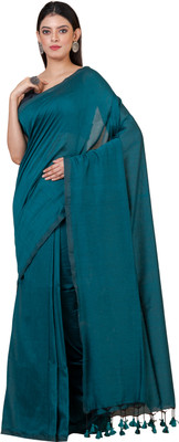 Durga Handlooms Solid/Plain Handloom Cotton Linen Saree(Green)