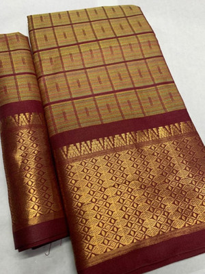 Binay textile Checkered Handloom Pure Cotton Saree(Maroon)