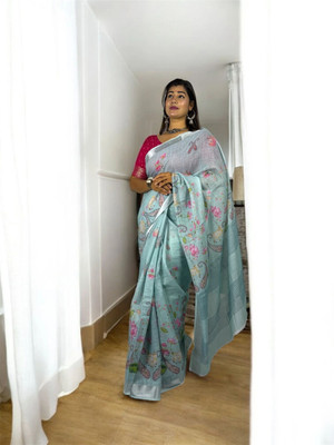 Rachna Printed Daily Wear Linen Saree(Blue)