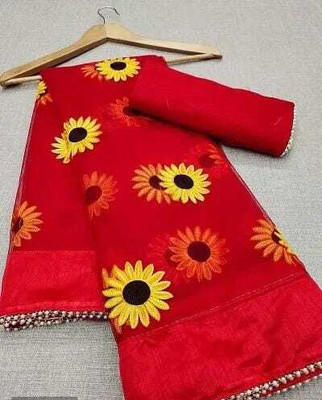 FUSIONVALLEY Embroidered Maheshwari Net Saree(Red)