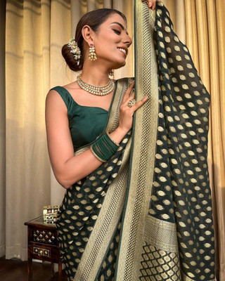 Bansari Textiles Embroidered, Self Design, Woven, Printed, Temple Border, Striped Bollywood Jacquard, Art Silk Saree(Green)