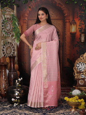 HouseOfCommon Woven Banarasi Organza Saree(Pink)