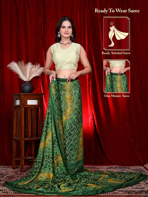 Pionex Color Block Bollywood Chiffon Saree(Green)