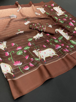 AMBUJAINTERNATIONAL Digital Print Bollywood Chiffon Saree(Brown)