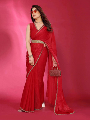ROOP SUNDARI SAREES Embellished, Solid/Plain Bollywood Tissue, Silk Blend Saree(Red)