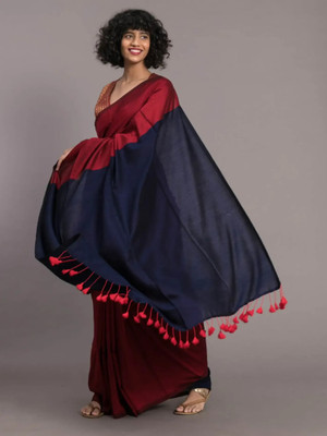 Bong ButiQ Color Block Bollywood Handloom Pure Cotton Saree(Red, Blue)