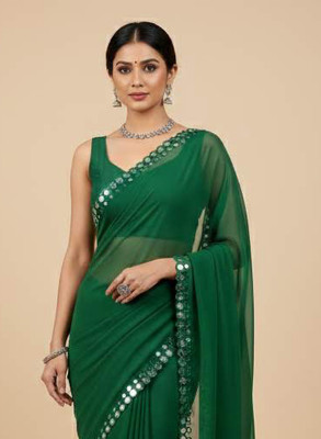 Anugrah Textile Printed Banarasi Lycra Blend, Chiffon Saree(Green)