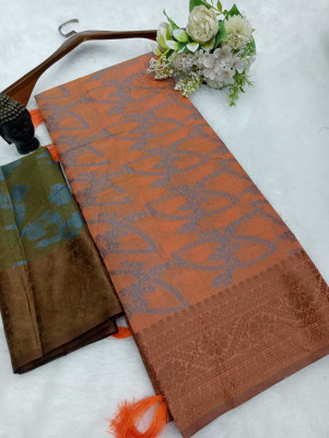 Mervadiya Printed Kanjivaram Pure Cotton, Cotton Silk Saree(Orange)