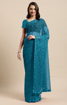 LOROFY Embellished Bollywood Net, Jacquard Saree(Blue)
