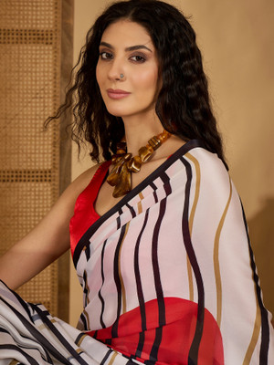 Blissta Striped, Printed Bollywood Satin Saree(White)