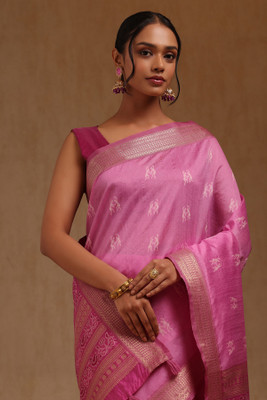 soch Printed Saree with Attached Blouse Tussar Silk Saree(Purple)