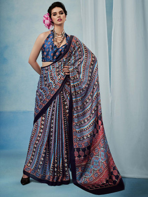 Sareemall Printed Hand Batik Satin Saree(Blue)