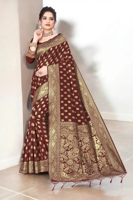 Pikham Self Design Banarasi Art Silk Saree(Brown)
