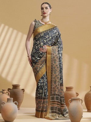 Sareemall Printed Madurai Cotton Blend Saree(Dark Blue)