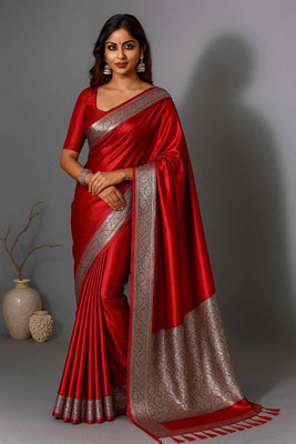 Afronza Woven, Self Design, Solid/Plain Banarasi Satin, Silk Blend Saree(Red)