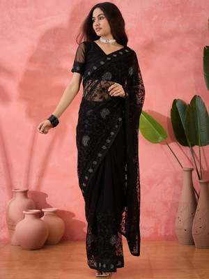 Sangria Embroidered Saree with Attached Blouse Net Saree(Black)
