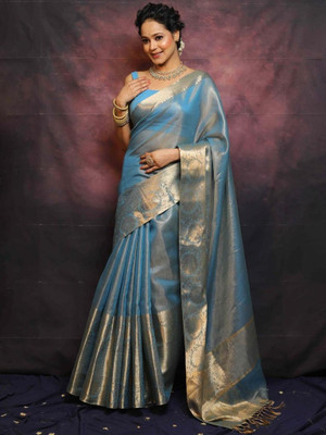 Dujjana Silk Saree Woven, Solid/Plain Banarasi Tissue Saree(Light Blue)