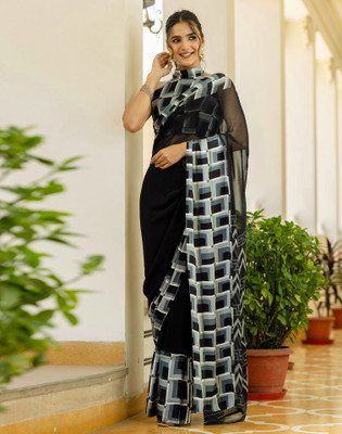 Samah Digital Print, Printed, Embellished Bollywood Georgette Saree(Black)