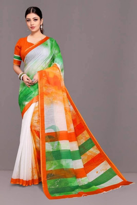 VCREATION Printed Bollywood Cotton Linen Saree(Multicolor)