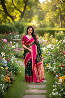 CKDESIGNER Woven Banarasi Jacquard Saree(Green, Pink)
