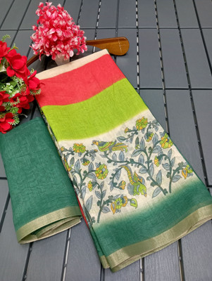 HangerStories Printed Kanjivaram Linen, Cotton Linen Saree(Pack of 2, Multicolor)