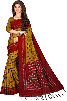 maadurga Printed Sambalpuri Cotton Blend Saree(Yellow)