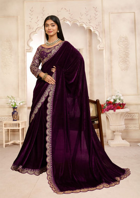 hutah Embellished, Woven Banarasi Pure Cotton, Velvet Saree(Purple)
