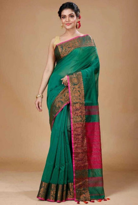 S G SAREES Woven, Striped Bhagalpuri Handloom Cotton Silk Saree(Dark Green, Pink)
