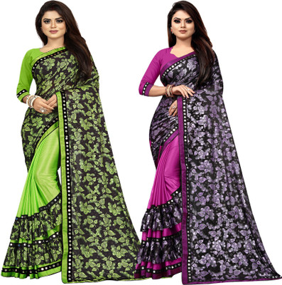 DECOFIN Embellished Bollywood Lycra Blend Saree(Pack of 2, Light Green, Purple)
