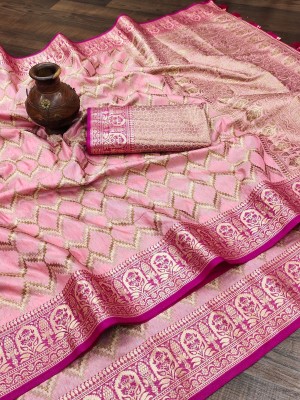 Bansari Textiles Self Design, Woven, Printed, Solid/Plain, Applique Banarasi Cotton Silk, Jacquard Saree(Pink)