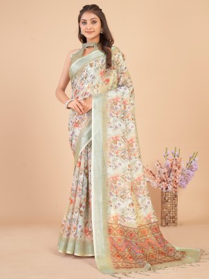 Sareemall Printed Daily Wear Linen Saree(Light Green)