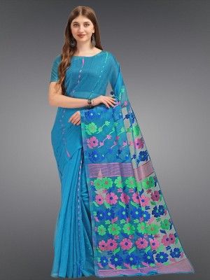 KH Enterprise Woven Jamdani Muslin, Cotton Silk Saree(Blue)