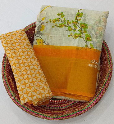 Grubstaker Printed Daily Wear Cotton Blend Saree(Yellow)