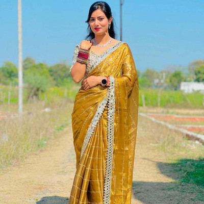 KRISHNACOLLECTION9 Striped, Embellished, Self Design Bollywood Pure Silk Saree(Gold)