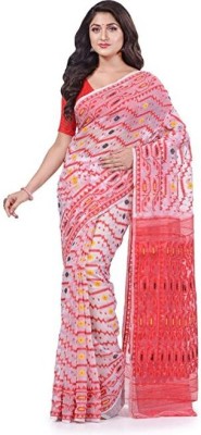 Desh Bidesh Woven, Self Design, Paisley, Striped Jamdani Handloom Cotton Blend, Pure Cotton Saree(White)