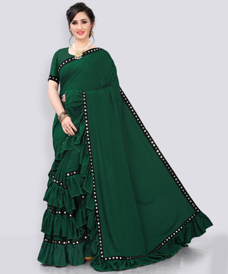 fentik.com Embellished, Solid/Plain Bollywood Lycra Blend Saree(Dark Green)