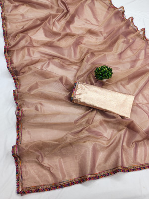 ISHA TRADE Solid/Plain Bollywood Net Saree(Gold)