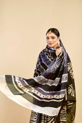 Ethnic Trendz Digital Print Saree with Attached Blouse Cotton Linen Saree(Multicolor)