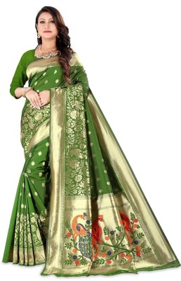 shijila Woven Kanjivaram Jacquard, Pure Silk Saree(Green)