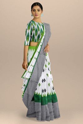 HP Fashion Hub Printed Daily Wear Pure Cotton Saree(White, Green)