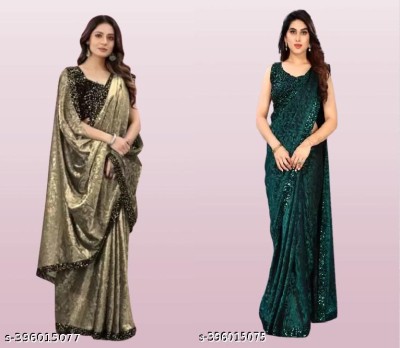 Amavii Embellished Bollywood Lycra Blend Saree(Pack of 2, Gold, Green)