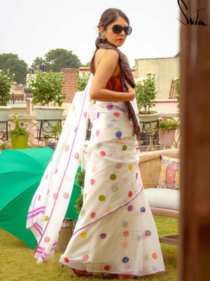 Vinayak Textile Printed Daily Wear Cotton Linen Saree(White)