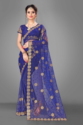 Lakhani Fashion Embroidered, Embellished, Solid/Plain Bollywood Net Saree(Blue)