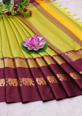 vrindavrihas Self Design, Animal Print Daily Wear Cotton Silk, Pure Silk Saree(Light Green)
