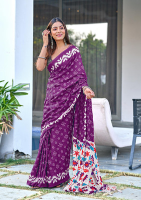 JASU CREATION Printed Bandhani Pure Cotton Saree(Purple)