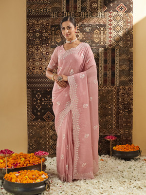 KASEE Floral Print Chanderi Silk Blend Saree(Maroon)